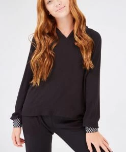 Terez Girls Shimmer Trim Waffle Hoodie In Black