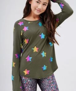 Terez Girls Olive Rainbow Star Foil Baseball Tee