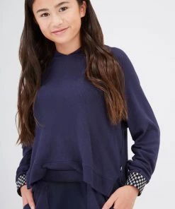 Terez Girls Shimmer Trim Waffle Hoodie In Navy