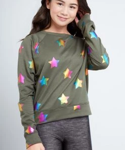 Terez Girls Olive Rainbow Star Foil Sweatshirt