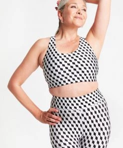 Terez Black & White Geometric Hi-Shine Sports Bra