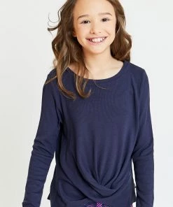 Terez Girls Waffle Twist Front Long Sleeve In Navy
