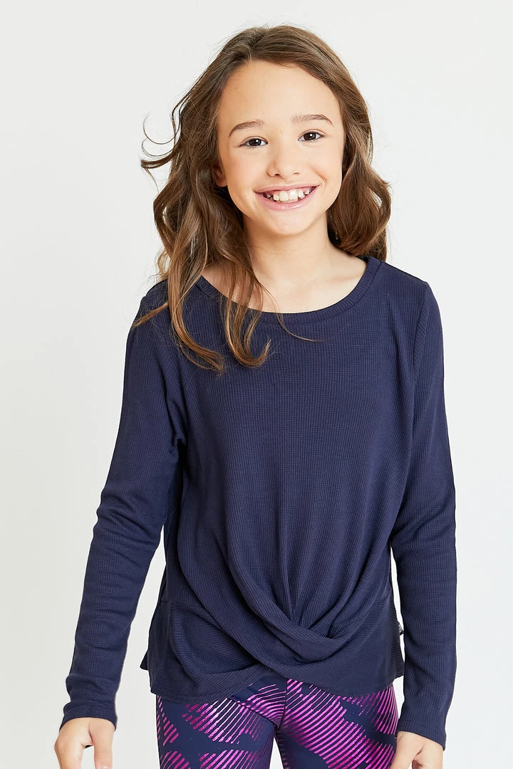 Terez Girls Waffle Twist Front Long Sleeve In Navy 1 Terez Girls Waffle Twist Front Long Sleeve In Navy