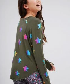 Terez Girls Olive Rainbow Star Foil Baseball Tee