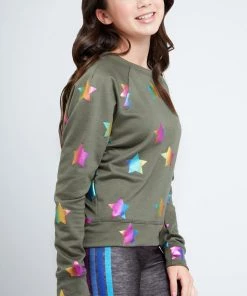 Terez Girls Olive Rainbow Star Foil Sweatshirt