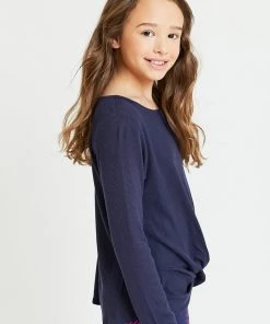 Terez Girls Waffle Twist Front Long Sleeve In Navy