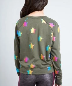 Terez Girls Olive Rainbow Star Foil Sweatshirt